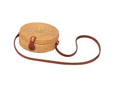 Runde Rattan Korb Strandtasche, Hand Tote Bag mit Ledergriff geflochten Frauen Tote Bag Chic Retro Sommer Strand Handtasche Boho Style für Frauen/Mädchen
