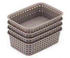 EZOWare Klein Grau Aufbewahrungskiste Tablett Korb Organizer in Rattan-Optik aus Kunststoff fur Küche, Wohnzimmer, Büro, Badezimmer, Schubladen - 19,5 x 13,5 x 6 cm, 4 Stück