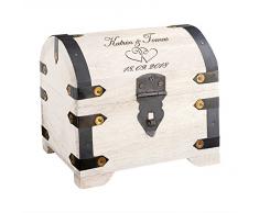 Casa Vivente Schatztruhe mit Gravur zur Hochzeit, Motiv Herzen, Personalisiert mit Namen und Datum, Schmuckkästchen aus weißem Holz, Geldgeschenke