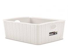 Kreher XL Aufbewahrungskorb aus robustem Kunststoff in Rattan Optik und in schönem Weiß. Maße 36 x 29 x 13 cm.