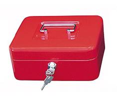 Geldkassette mit Geldnoten- und Belegeklammer, 5 -Fächer-Münzeinsatz, 20 x 16 x 9 cm, rot