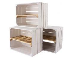 Vintage Möbel 24 GmbH 5er Set weiße Obstkisten mit geflammten Zwischenbrett längs – Holzkisten als Schuhregal – Shabby Chic - 50x30x40cm