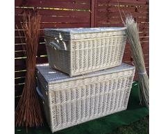 weeco Zwei Weißer Korbtruhen, Weidenkorb 80cm und 60cm, Aufbewahrungskorb, Korb-Truhe, White Wicker Chest Set, Wicker Trunk