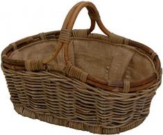Tragekorb Holzkorb mit Griff Kaminholzkorb zum Tragen Brennholz Korb Träger aus Rattan mit Jute Stoff (Klein, Grau Natur)