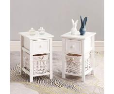 Artist Hand 2er Set Nachttisch weiß Nachtschrank Nachtkommode mit 1 Schublade & 1 Rattankorb