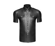 Schwarzes Herren wetlook T-Shirt Hemd glänzend dehnbar mit Knopfleiste und Taschen Männer wetlook Hemd L