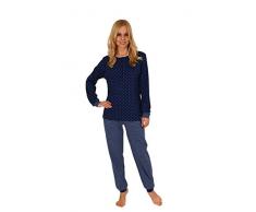 Damen Pyjama mit Knopfleiste, Oberteil Tupfen, Hose Ringel, Marine, 57995, Gr. S 36/38