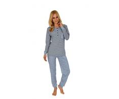 Damen Pyjama mit Knopfleiste, Oberteil Ringel-Optik, Karo Hose, Blau, 57897, Gr. S 36/38