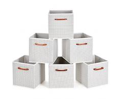 MaidMAX Aufbewahrungsboxen mit Holzgriff in 6er-Set für Regal, Faltbare Stoffboxen in Würfelform, Ordnungsbox Faltbox, Ordnungssystem für Büro Kinderzimmer Schlafzimmer Schrank-Graue Tupfen