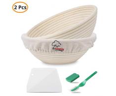 2 Packungen 9 Zoll Brot Gärkörbchen Proofing Basket, Peddigrohr, beige , Handgemachte Rattanschale, Bread Making Starter Jar Kit,Teigschaber Brotform Cloth Liner Basting Brush für Artisan Home Bakers