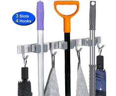 POPRUN Edelstahl Gerätehalter - Besenhalterung für die Wand, Besenhalter Selbstklebend von Gartengeräte(Inkl. Schrauben und Klebestreifen) - 3 Halter und 4 Haken, Grau