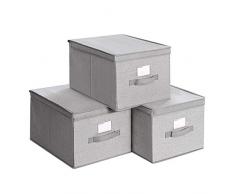 SONGMICS 3er Set Aufbewahrungsbox mit Deckel, Faltboxen aus Stoff mit Etikettenhalter, Stoffbox, Würfel, 30 x 40 x 25 cm, hellgrau RYFB03W