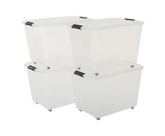 Iris Set von 4, Rollerbox 60 Liter, Rollbox mit Handel, Transparent, Ordnungssystem, Rollenbox mit Deckel, Stapelbare Aufbewahrungsbox, Kunststoffbox-60 Liter, Plastik, 4 x 60 L