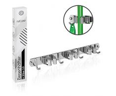 IVEUM Hochwertige Besenhalterung für die Wand - Edelstahl Besenhalter - Leichte Montage und leichte Aufhängung von Gartengeräte - Gerätehalter mit 3 Halter und 4 Haken