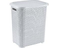 Hoffmanns 45 Liter Rattanoptik Aufbewahrungskorb Wäschekorb Design Wäschesammler Wäschebox Wäschebehälter Wäschetonne Wäschetruhe in Flechtoptik (Weiss)