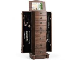 GOPLUS Schmuckschrank mit Spiegel, Schmuckkommode mit großem Stauraum 8 Schubladen und Aufhängehaken für Halsketten, Schmuckschatulle aus MDF im Vintage-Design, Aufbewahrungsschrank für Schmuck
