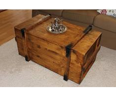 Uncle Joe´s Truhe Couchtisch Truhentisch im Vintage Shabby chic Style aus Massiv-Holz in braun mit Stauraum und Deckel Holzkiste Beistelltisch Landhaus Wohnzimmertisch Holztisch nussbaum