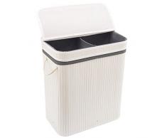 EZOWare Großer Faltbarer Wäschesammler mit 2 Fächern, Bambus-Wäschebox mit Deckel, Wäschesortierer Wäschesortierer Wäschebehälter mit Baumwollgriffen - 100L, Weiß