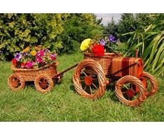 DEKO VERTRIEB BAYERN Premium Traktor+Anhänger 120cm Korbgeflecht Rattan Körbe Pflanzkorb Pflanzkasten, Gartendeko, Pflanzkasten, Blumenkasten, Pflanzhilfe