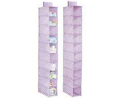 mDesign 2er-Set Hängeregal für den Kleiderschrank – Hängeschrank mit 10 Fächern für Schlafzimmer und Kinderzimmer – Hängeaufbewahrung mit Punkte-Muster aus Stoff für die Kleiderstange – helllila/weiß