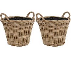 Set / 2 Rattan Pflanzkorb Grau Rund Übertopf geflochten mit Griffen Garten Pflanzen Deko-Korb Bepflanzen (Ø38 H 30 mit Folie)