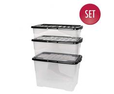 3 Stück AufbewahrungsboxCurve mit Deckel aus transparentem Kunststoff. Nutzvolumen 65, 42 und 30 Liter. Stapelbar und nestbar. Einsehbar mit Deckel.
