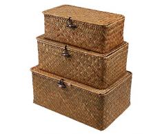 JF Room Aufbewahrungsbox Rattan Korb Aufbewahrungskiste Dekobox Kosmetik Aufbewahrung mit Deckel Aufbewahrungskörbe aus Natürliche Praktische (3pc)