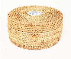 vietnamesische große runde Rattanschalen mit Riemen. Aufbewahrungskörbe aus natürlichem Rattan. Mehrzweck-Schalen aus Rattan. Korb, rund, 30 cm, Naturbraun