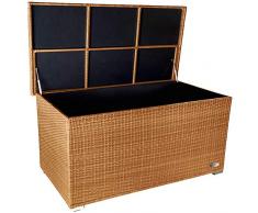 RS Trade Venezia 950 L Polyrattan Garten Kissenbox wetterfest (regnet Nicht rein) 146 x 83 x 80 cm, Auflagenbox mit verstärktem Deckel und Gasdruckfedern, auch als Tischplatte geeignet, Natur