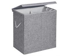 SONGMICS Wäschekorb 142 L, Wäschesammler aus Leinenimitat, Wäschesortierer, Wäschetruhe mit getrennten Fächern, magnetischem Deckel und Griffen, faltbar, Wäschesack herausnehmbar, grau LCB02G