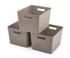 EZOWare 3er Set Regalkorb Aufbewahrungskiste in Rattan-Optik mit Griffen aus Kunststoff für Küche, Wohnzimmer, Büro, Badezimmer - 35 x 29 x 22 cm, Grau