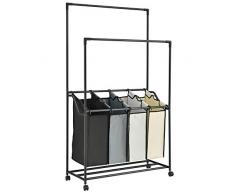 [neu.haus] [en.casa] Wäschewagen mit 4 Fächern und Zwei Kleiderstangen bis 15kg Wäschesortierer Wäschesammler Wäschebox Wäschekorb pro Tasche bis 5kg