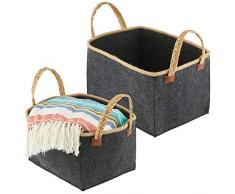 mDesign 2er-Set Filzkorb mit geflochtenen Griffen – rechteckiger Aufbewahrungskorb aus Stoff – faltbarer und tragbarer Stoffkorb in 2 Größen – schwarz