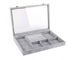 Emibele Schmucktablett, Multifunktional Schmuck Organizer mit Deckel & Schloss für Ring, Ohrring, Ohrstecker, Armband, Uhr, Sonnenbrille, Weich Samt Schmuckaufbewahrung Schmuckdisplay - Grau