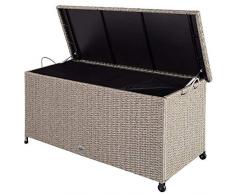 Deuba Auflagenbox 122x56x61 cm Poly Rattan Wasserdicht Rollbar 2 Gasdruckfedern Kissen Garten Box Truhe Grau Beige