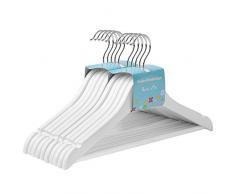 SONGMICS Kinderkleiderbügel aus Massivholz, 10 Stück, Holzbügel für Kinder mit rutschfestem Hosensteg und Einkerbungen, um 360° drehbarer Haken, 35 x 1,2 x 20 cm, weiß CRW006W02