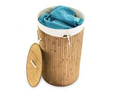 Relaxdays Wäschekorb Bambus, faltbare Wäschetonne mit Deckel, Volumen 70 l, Wäschesack Baumwolle, rund Ø 41 cm, natur