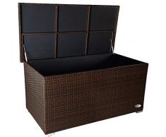 PREMIUM Venezia 950 L Polyrattan Garten Kissenbox wetterfest (regnet nicht rein) 146 x 83 x 80 cm, Auflagenbox mit verstärktem Deckel und Gasdruckfedern, auch als Tischplatte geeignet, Java Braun