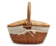 HUVE Geflochten Korb aus Rattan Korb mit 2 Deckeln Weidenkorb Einkaufskorb Aufbewahrungskorb Picknickorb (Khaki(klein))