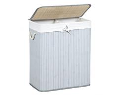 SONGMICS Wäschekorb aus Bambus, Wäschesammler mit 2 Fächern, Wäschesortierer mit Deckel und herausnehmbarem Wäschesack, Tragegriffe aus Baumwolle, 100 L Wäschebox, Reines Grau LCB74GY