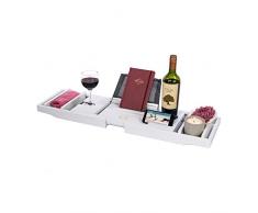 Badezimmerablage Teleskop-Badewanne-Halter, Multifunktions-IPad-Handy-Filmregal Bücherregal Rutschfeste Handtuch-Bambusschale, 73-109cm Geeignet Für Badewanne Zu Hause Hotelbad (Color : White)