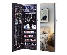 Schmuckschrank, Mit 6 LED,Svolle LäNge Spiegel,AbschließBare WandtüR Montiert, Durchgehender Spiegel,GroßRaum-Ankleidespiegel (Brown)