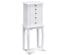 GOPLUS Schmuckschrank mit Spiegel, Schmuckkasten mit 4 Schubladen und Gitterfächer, mit Seitentüren inkl. Haken, Schmuckkommode Aufbewahrungsschrank Klappbar aus MDF und Massivholz, Weiß