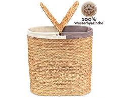 Wäschekorb mit Deckel aus Wasserhyazinthe - Handgeflochten, Natürlich, Plastikfrei, Hochwertig - Wäschetrenner mit 2 Fächern und rutschfesten Stoffbeuteln - Pure Living Wäschesortierer in Naturfarben