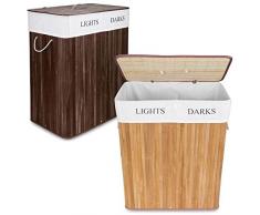 Goods & Gadgets Wäschekorb aus Bambus, 100 L Wäschesammler Wäschebox 2 Fächer, Wäschesortierer mit Wäschesack herausnehmbar, rechteckige Wäschebox 63x52x32cm; Natur