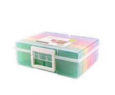 Vaessen Creative Aufbewahrungsbox mit Deckel, Tragegriffen und 16 Kleinen Bunten Dosen, Kunststoff Sortierbox zum Verstauen von Bastelzubehör, Fotos und Weiteren Utensilien, 37,50 x 30 x 13 cm