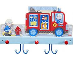 HABA 304260 - Garderobe Feuerwehr, Wandgarderobe aus Holz mit Feuerwehrmotiv und Haken aus Metall, Garderobenleiste für Vorraum oder Kinderzimmer