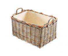 Holzkorb Kaminkorb rechteckig Kubu Grey aus Rattan mit Griffen und Leinen