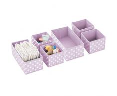 mDesign 6er-Set Aufbewahrungsboxen für das Kinderzimmer, Bad usw. – Kinderzimmer Aufbewahrungsbox im Punkte-Muster – Kinderschrank Organizer in 2 Größen aus Kunstfaser – violett/weiß