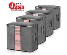 KING DO WAY 4 Stück Aufbewahrungstasche Große Kapazität Faltbar Kleideraufbewahrung mit verstärktem Griff und Stabilem Reißverschluss, für Bettwäsche, Bettdecken und Kissen Grau